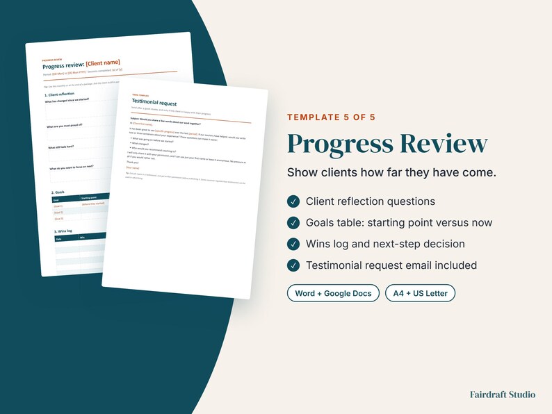 May include: A digital progress review template document featuring client reflection questions, a goals table, a wins log, and a testimonial request. The text includes Template 5 of 5, Progress Review, and Show clients how far they have come.