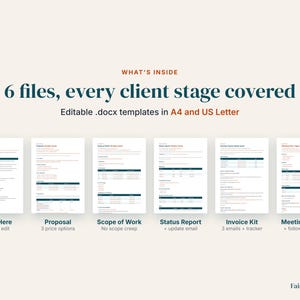 May include: A set of six editable .docx business templates including Start Here, Proposal, Scope of Work, Status Report, Invoice Kit, and Meeting Notes. The text reads: WHAT'S INSIDE 6 files, every client stage covered. Editable .docx templates in A4 and US Letter.