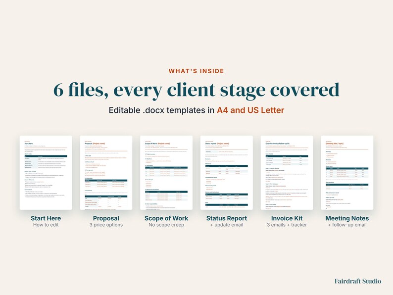 May include: A set of six editable .docx business templates including Start Here, Proposal, Scope of Work, Status Report, Invoice Kit, and Meeting Notes. The text reads: WHAT'S INSIDE 6 files, every client stage covered. Editable .docx templates in A4 and US Letter.