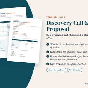 May include: A digital template set titled Discovery Call & Proposal, featuring a discovery call guide and a coaching proposal document. The text includes sections for call flow, client notes, and three service packages: Essential, Recommended, and Premium.