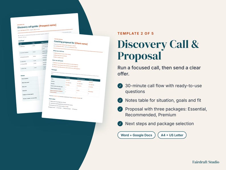 May include: A digital template set titled Discovery Call & Proposal, featuring a discovery call guide and a coaching proposal document. The text includes sections for call flow, client notes, and three service packages: Essential, Recommended, and Premium.