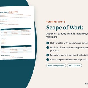 May include: A digital Scope of Work template document featuring sections for project summary, objectives, deliverables, milestones, and client responsibilities. The text includes Template 2 of 5, Scope of Work, and lists features like revision limits and payment schedules for Word and Google Docs in A4 and US Letter sizes.