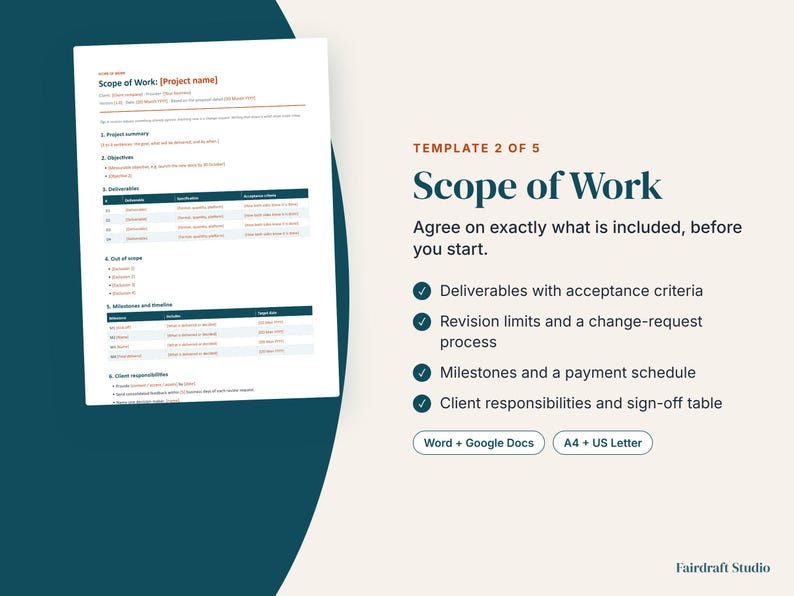 May include: A digital Scope of Work template document featuring sections for project summary, objectives, deliverables, milestones, and client responsibilities. The text includes Template 2 of 5, Scope of Work, and lists features like revision limits and payment schedules for Word and Google Docs in A4 and US Letter sizes.