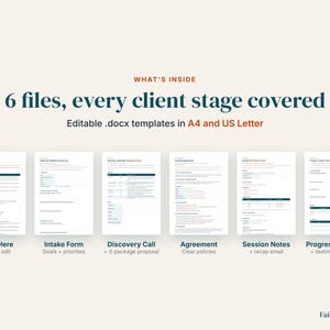 May include: A set of six editable .docx document templates for client management, including Start Here, Intake Form, Discovery Call, Agreement, Session Notes, and Progress Review. The text states 6 files, every client stage covered, and editable .docx templates in A4 and US Letter.