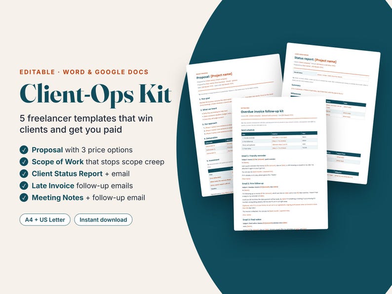 May include: A Client-Ops Kit featuring five editable freelancer templates for Word and Google Docs. The documents include a proposal, scope of work, client status report, late invoice follow-up emails, and meeting notes in A4 and US Letter sizes.