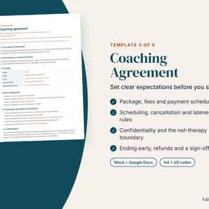 May include: A digital coaching agreement template document featuring sections for the coaching relationship, fees, payment, scheduling, and confidentiality. The text includes 'Template 3 of 5', 'Coaching Agreement', and 'Set clear expectations before you start'.