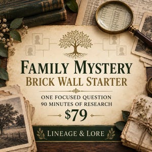 May include: A parchment-style document titled Family Mystery Brick Wall Starter with a tree illustration, genealogy chart, and text stating One Focused Question, 90 Minutes of Research, and Lineage & Lore, surrounded by vintage books and photos.