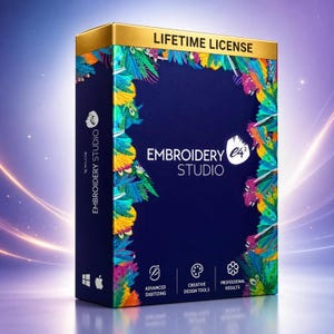 Puede incluir: Una caja de software rectangular para Embroidery Studio e4.2 con un centro azul oscuro y un borde de plumas vibrantes y multicolores. La banda dorada superior dice LIFETIME LICENSE. Los iconos de Windows y Apple están en la esquina inferior.
