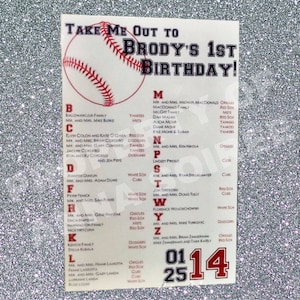 May include: A baseball-themed birthday party invitation with a red, white, and blue baseball graphic. The invitation lists the names of guests and their corresponding baseball teams. The text "Take Me Out To Brody's 1st Birthday!" is at the top of the invitation. The date "01 14 25" is at the bottom of the invitation.
