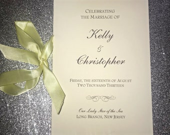 Wedding Ceremony Programs Folded with Ribbon - Personalized Color and Motif at no extra charge