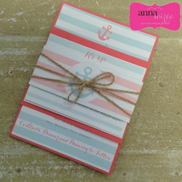 NAUTICAL ANCHOR STRIPED Wedding Invitations with Belly Band and Twine - Personalized choose your paper color, ink color, fonts, motif