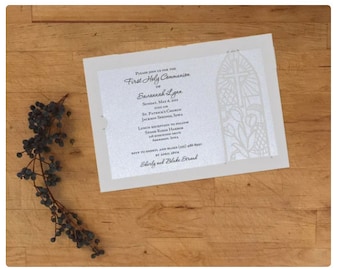INVITATIONS Communion or Christening - Laser cut with shimmer paper, customize font and wording
