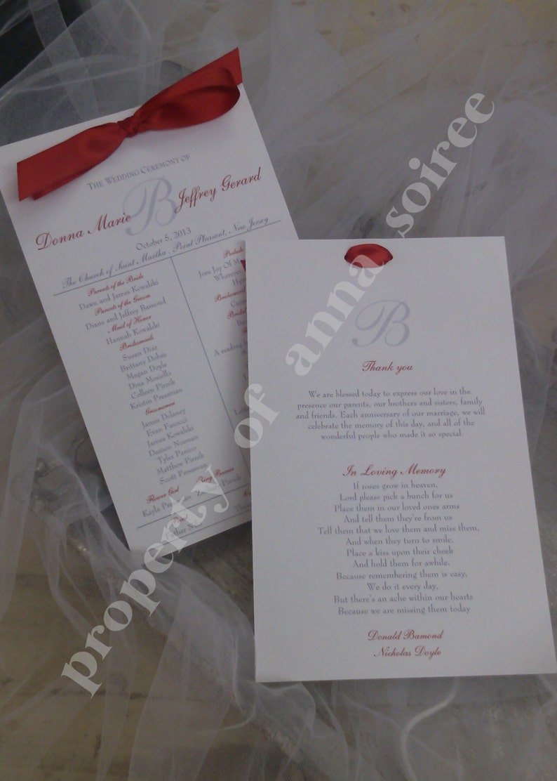 Winter Wedding Ceremony Programs with Ribbon Personalized Color and Motif at no extra charge image 2