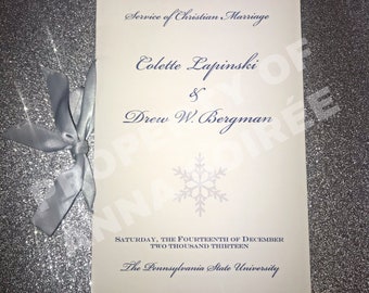 Winter Wonderland Themed Wedding Ceremony Programs Folded with Ribbon - Personalized Color and Motif at no extra charge