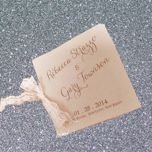 RUSTIC or BEACH Theme Mini-Square Wedding Ceremony PROGRAMS with Lace, Twine or Ribbon  - customize with your choice of font, colors, etc!
