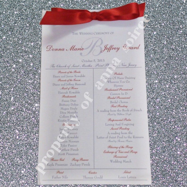 Winter Wedding Ceremony Programs with Ribbon Personalized Color and Motif at no extra charge image 1