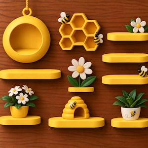 May include: A collection of yellow wall-mounted decor including a circular hanging shelf, a honeycomb-shaped shelf, five oval floating shelves, a beehive sculpture, two potted flower arrangements, and decorative bee and daisy accents.