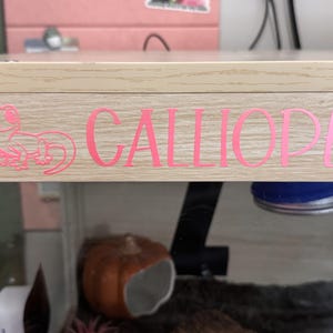 May include: A light wood-toned enclosure frame featuring a custom pink vinyl decal. The decal displays a graphic of a small gecko on the left side, followed by the name CALLIOPE in a clean, sans-serif font centered on the horizontal panel.
