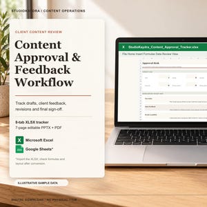 Könnte beinhalten: Ein Laptop zeigt eine Tabellenkalkulation mit dem Titel StudioKaydra_Content_Approval_Tracker.xlsx. Der Bildschirm zeigt einen Genehmigungs-Workflow mit Registerkarten für Entwürfe, Feedback und die finale Freigabe.