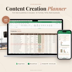 Könnte beinhalten: Ein digitaler Content-Erstellungsplaner auf einem Laptop- und Smartphone-Bildschirm, der eine Produktions-Pipeline-Tabelle mit 10 Registerkarten zeigt, kompatibel mit Google Sheets, Microsoft Excel und druckbaren PDFs in A4.