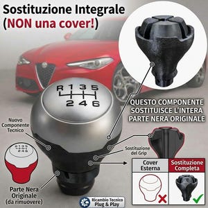 Op de afbeelding: Een zilveren en zwarte versnellingspookknop met een handgeschakeld patroon van zes versnellingen inclusief achteruit. De afbeelding bevat technische diagrammen en Italiaanse tekst die uitlegt dat dit een volledig vervangend onderdeel is.