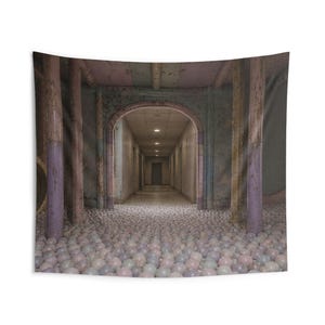 May include: A wall tapestry featuring a wide-angle view of a ball pit filled with numerous small, pale-colored plastic spheres. The scene is framed by weathered, purple-painted support pillars leading toward a long, dimly lit indoor hallway.