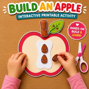 May include: An interactive printable activity titled BUILD AN APPLE with a large red and cream apple cutout, a brown stem, a green leaf, and brown seed cutouts. A pink and white pair of scissors is nearby. The text reads HANDS-ON BUILD & LEARN.