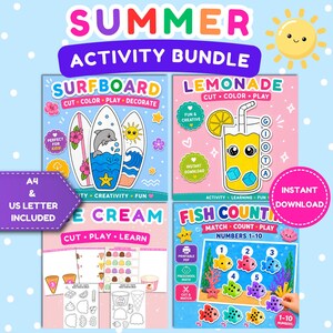 May include: A digital summer activity bundle featuring four printable sheets: surfboard coloring, lemonade cup matching, ice cream building, and fish counting. The graphics include bright colors, cartoon illustrations, and text labels like A4 & US LETTER INCLUDED.
