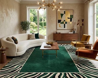 Puede incluir: Una sala de estar con un gran sofá curvo de color crema, una mesa de centro de madera y dos sillones en tonos mostaza y óxido. Una alfombra rectangular con un centro verde sólido y un borde con rayas de cebra en blanco y negro.