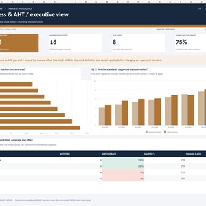 May include: A digital dashboard titled Process & AHT / executive view displaying business metrics. It features a monthly workload of 2,006, 16 mapped activities, 8 SOP gaps, and 75% sampling coverage. Includes horizontal and vertical bar charts.