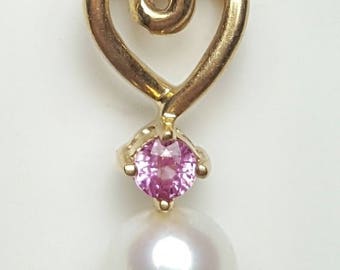 Very Pretty 14k Abstract Heart Pearl and Pink Sapphire Pendant Hidden Bail