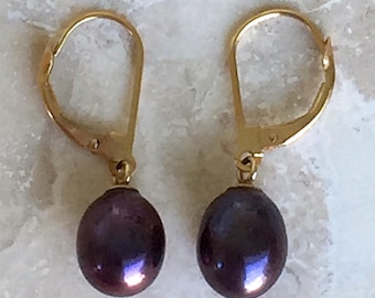 Very Nice Classic and Traditional 14k Black "Peacock" Pearl Leverback Earrings 10 x 8mm Pearls weighing 2.5 Grams
