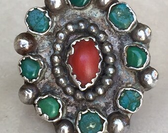 Antique Sterling Silver Turquoise and Red Coral Ring Native American...Southwestern Weighing 10.1 grams and sized 6.5 - 6.75