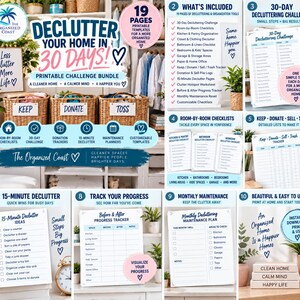 May include: A 19-page printable decluttering and organization challenge bundle featuring checklists, trackers, and maintenance planners. The white paper templates include headers like 30-Day Decluttering Challenge, Keep-Donate-Sell-Trash Tracker, and 15-Minute Declutter Ideas with blue text and icons.