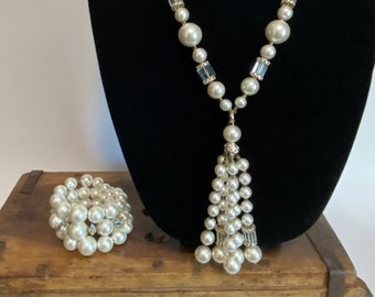 Vintage 50s 60s Married Set Faux Pearl and Cut Crystal Teardrop Tassel Necklace and Wrap Bracelet!