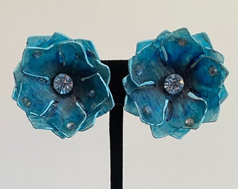 Vintage 50s 60s Turquoise Blue Plastic Painted Rhinestone Clip On Earrings!