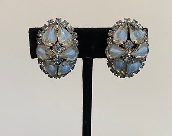 Vintage 60s KRAMER Light Blue Rhinestone Clip On Earrings!