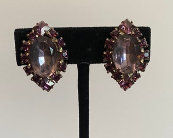 Vintage 60s 2 Tone Purple Rhinestone Clip On Earrings!