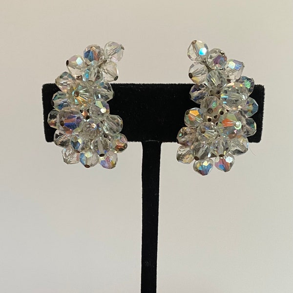 Vintage 50s 60s Clear Crystal Half Moon Clip On Earrings!