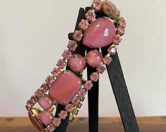 Vintage 50s 60s Pink Cabochon Moonstone and Rhinestone Bracelet!
