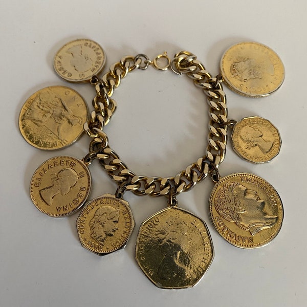 Vintage Goldtone 60s' Faux Coin Charm Bracelet England, France!