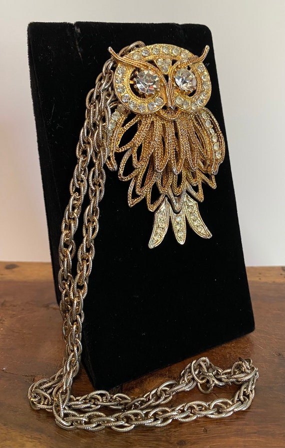 Vintage Gold-tone Clear Rhinestone Covered OWL Pe… - image 1