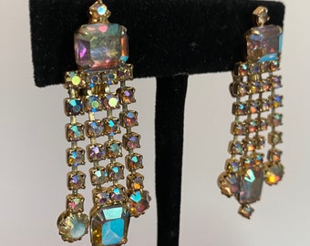 Vintage 60s Aurora Borealis Rhinestone Clip on Dangle Earrings!