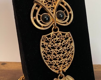 Vintage Copper/Gold SARAH COVENTRY Filigree Articulated Nite Owl Pendant Necklace!