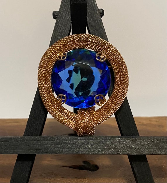 Vintage 60's Art Glass Blue Stone Goldtone Circle… - image 1