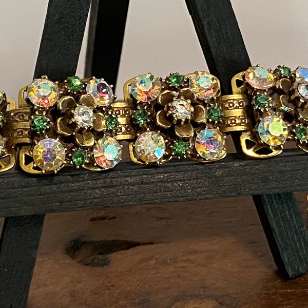 Vintage 60's FLORENZA Aurora Borealis & Green Rhinestone Bracelet!