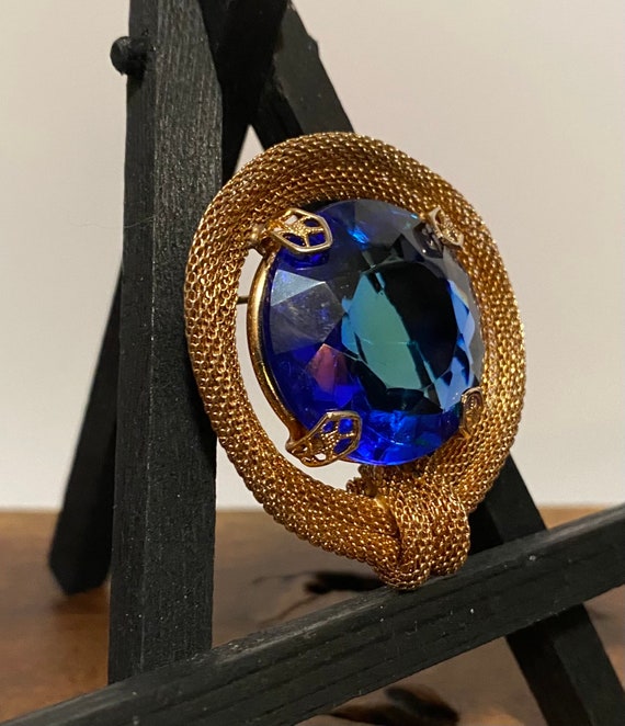 Vintage 60's Art Glass Blue Stone Goldtone Circle… - image 2