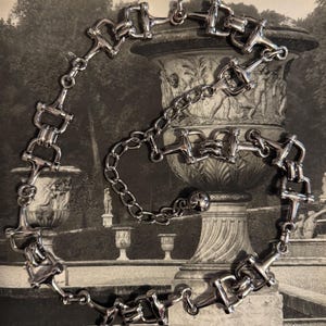 May include: A silver-toned metal chain belt constructed from a series of repeating horse bit links. The belt features a polished, reflective finish and includes an adjustable chain section that terminates in a small, round metal charm.