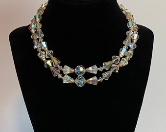 Vintage 50s 60s Double Strand Aurora Borealis Crystal Necklace w/ Rhinestones!