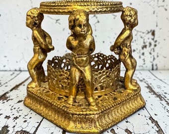Vintage HollyWood Regency Gold Cherub Vanity Brush Holder!